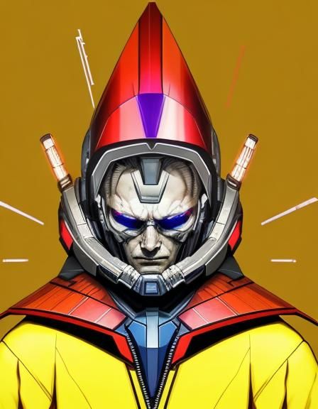 Detailed Cyberpunk Character Amidst Cloudy Sky