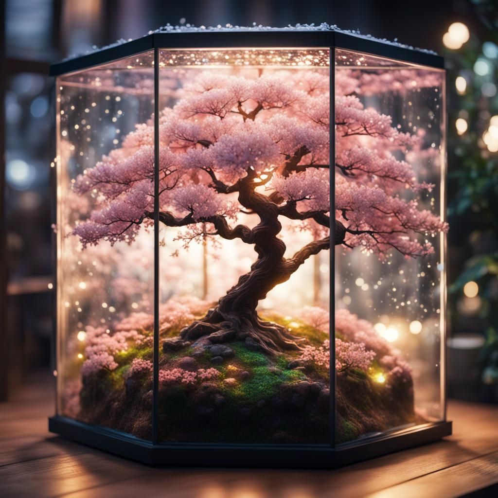 Luminous Sakura Tree in Terrarium: Fantasy Concept Art