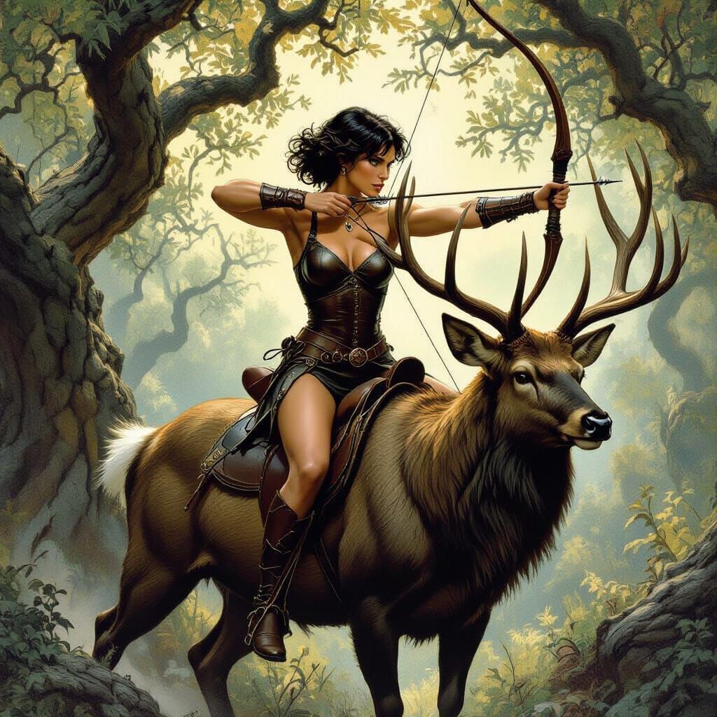 Goddess Diana Hunting on Stag in Fantasy Woodland