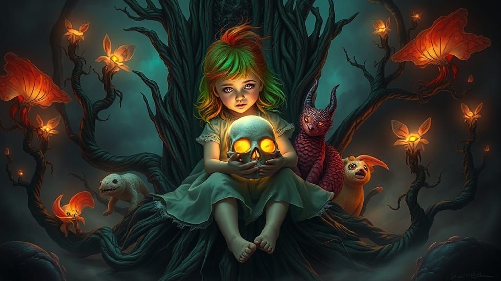 Ethereal Girl on Root Throne with Glowing Skull