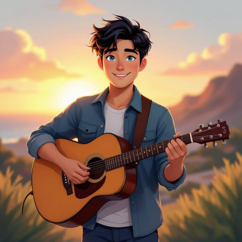 Fuji Strums Guitar at Golden Hour, Illustrative Style
