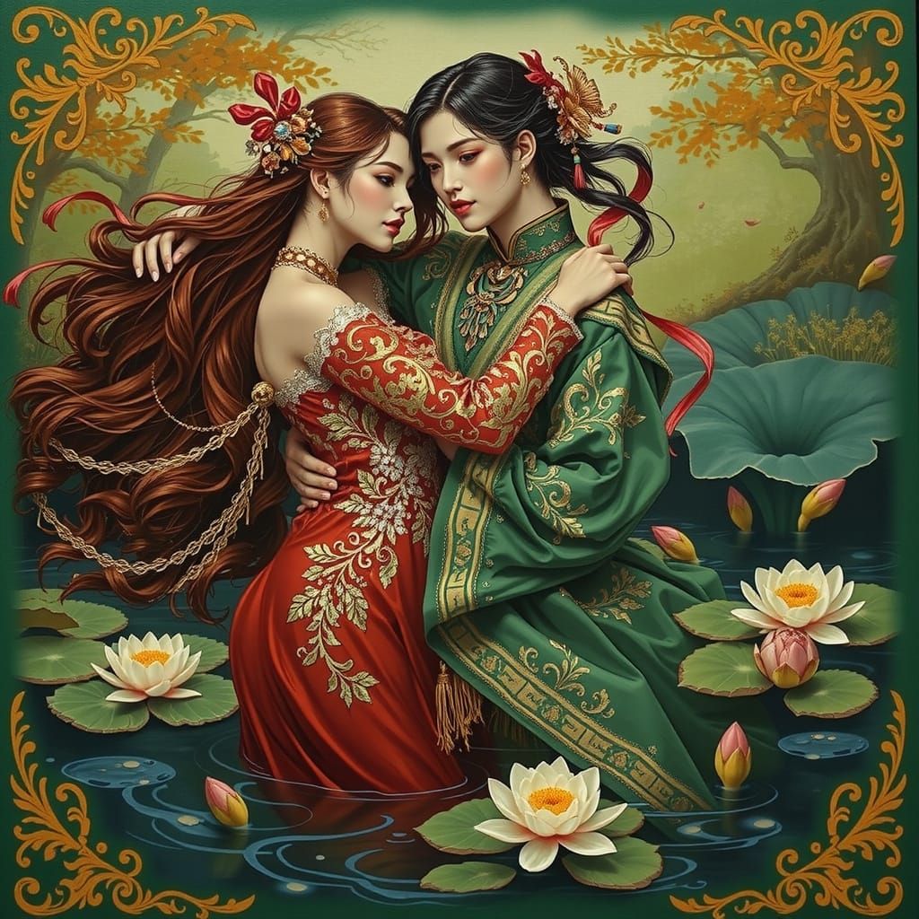 Embrace in Floral Attire: AI-Generated Portrait