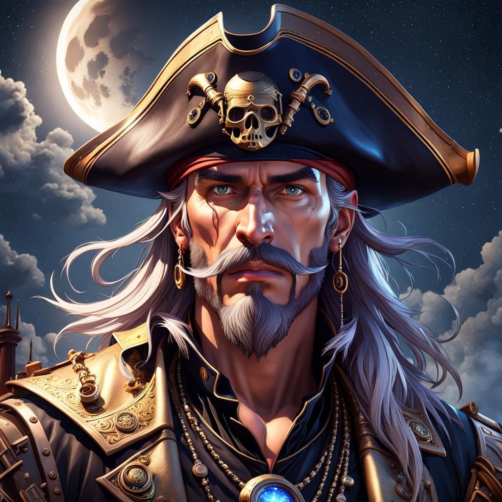 Steampunk Pirate Under Starry Night, Fantasy Portrait