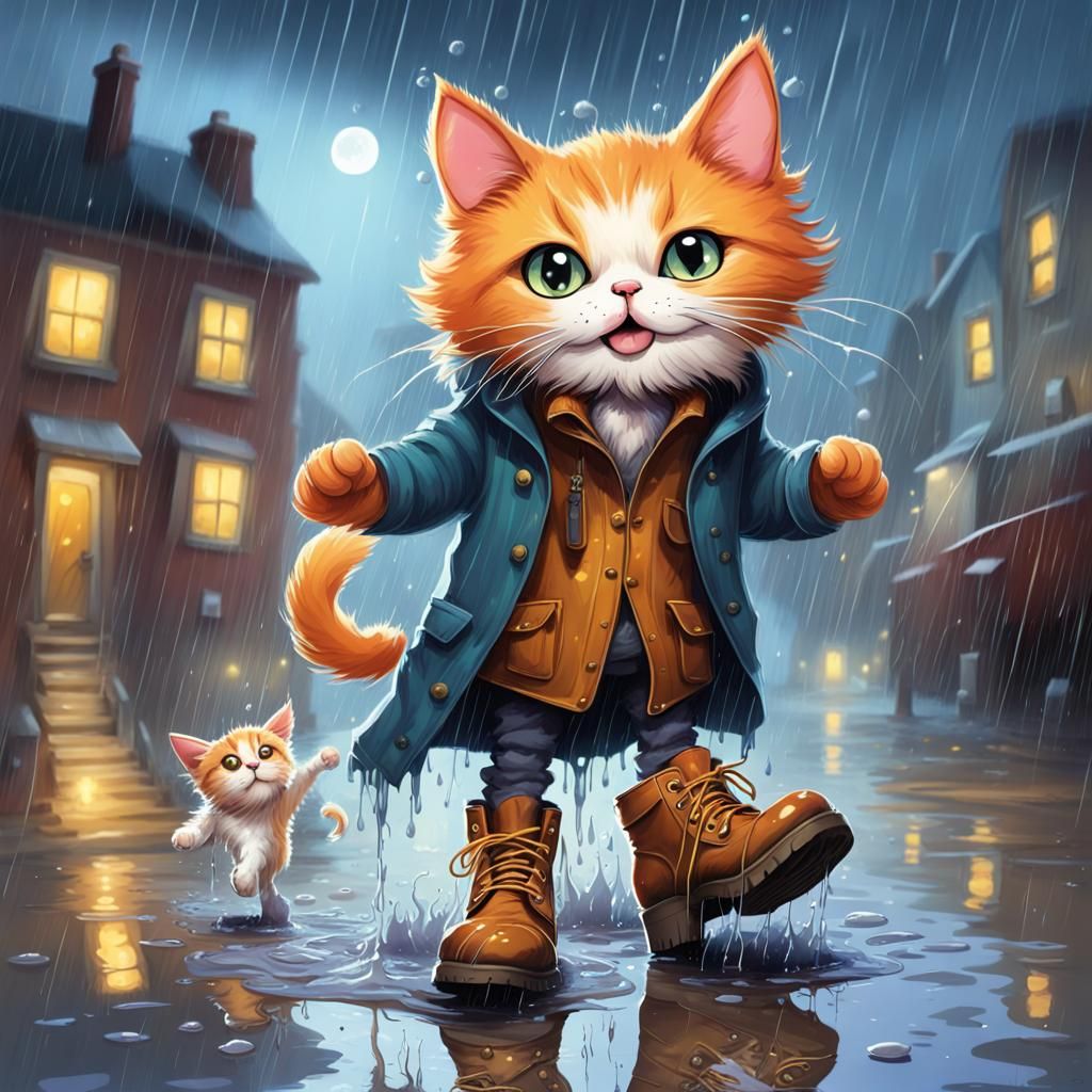 Fantasy Cat Dreams of Boots: Splash Art in the Rain