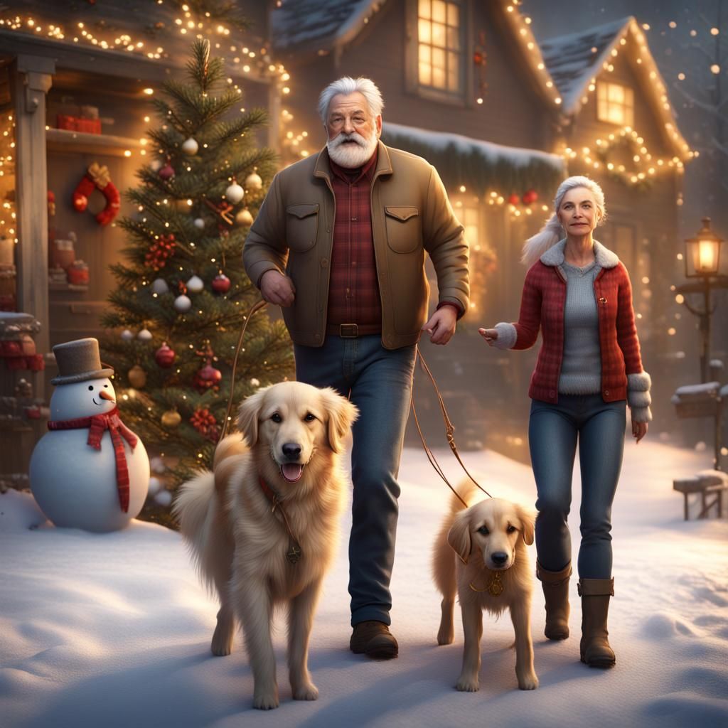 Festive Christmas Scene with Family and Dog