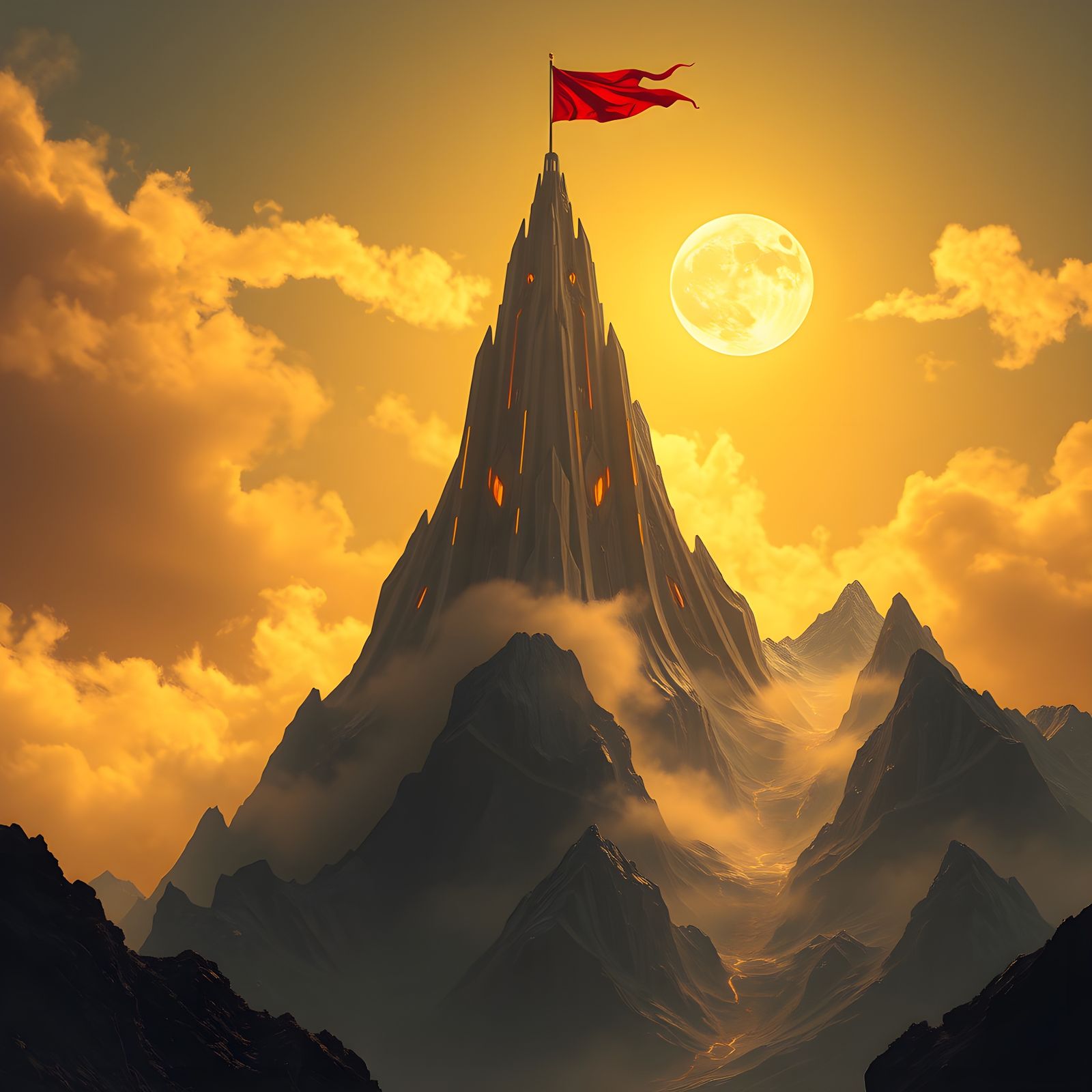 Modern Architecture on Mountain with Red Flag