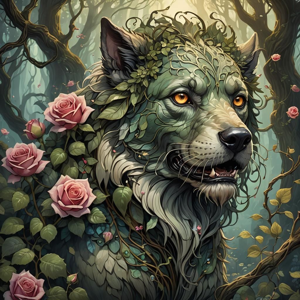 Dog-Like Monster with Rose, Art Nouveau Digital Painting
