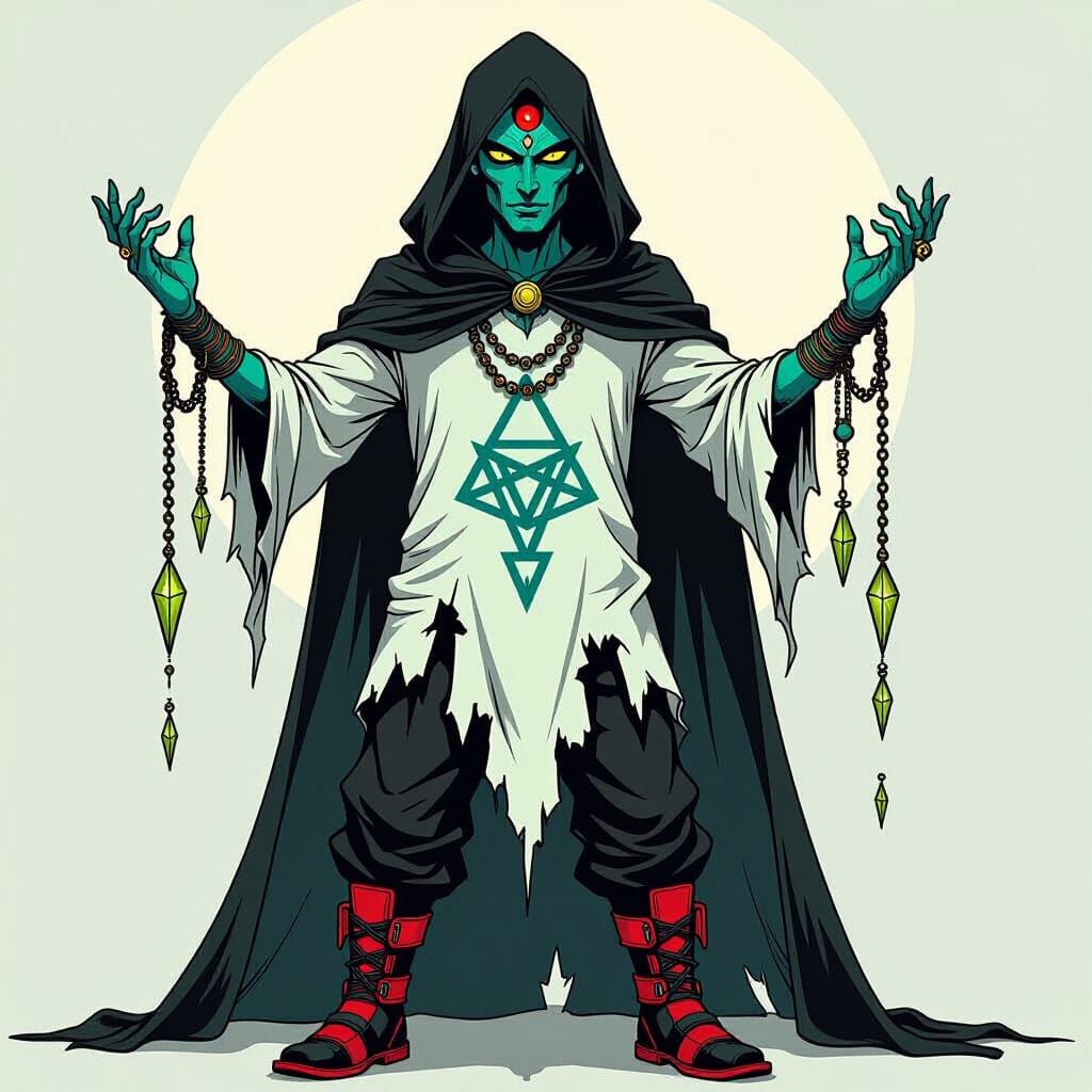 Enigmatic Figure with Hexagonal Eyes in Dark Fantasy Style