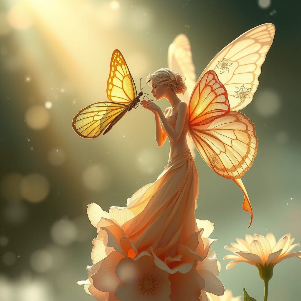 Ethereal Fairy Shares Secret with Iridescent Butterfly