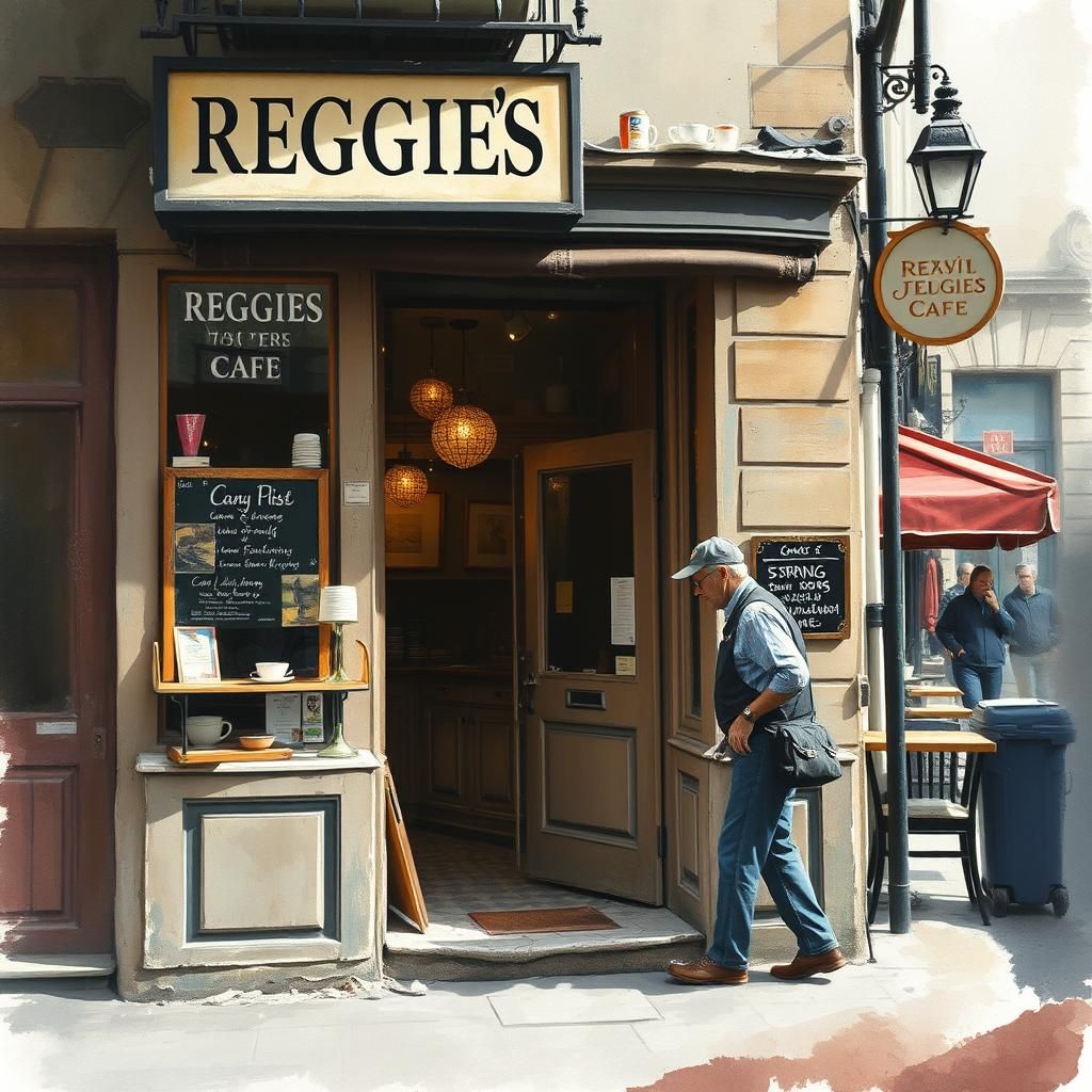 Workman Enters Shabby Cafe in Watercolor Style