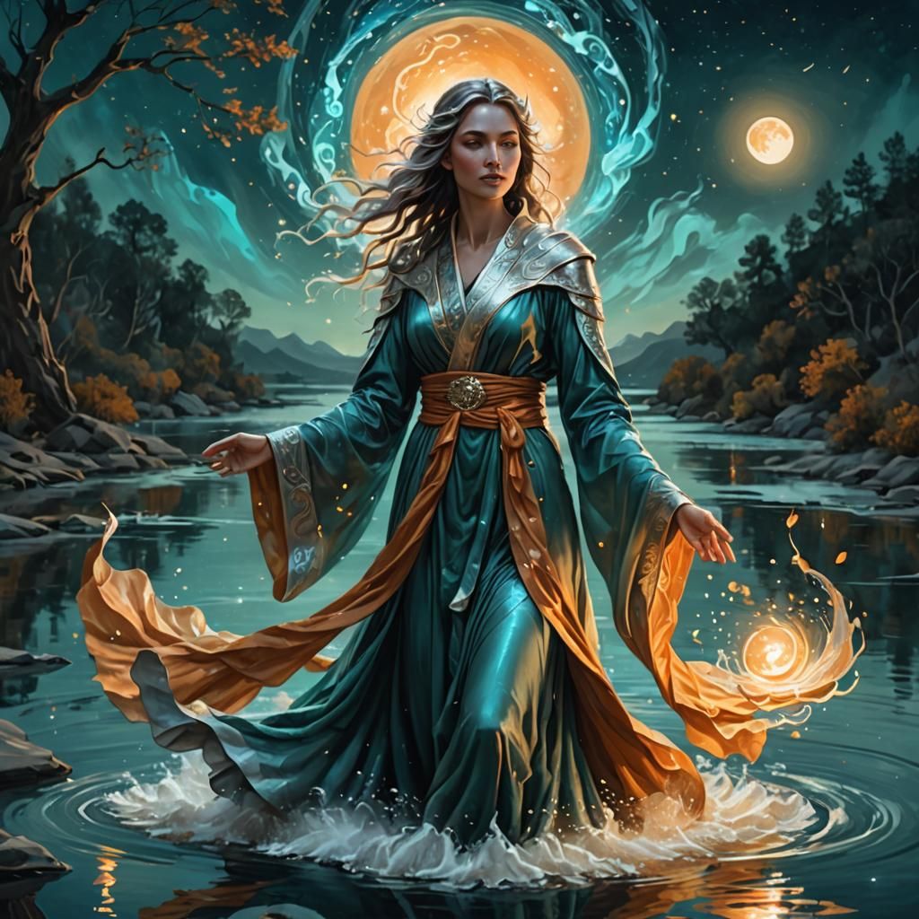 Wise Mage Conjuring Magic by a Moonlit River