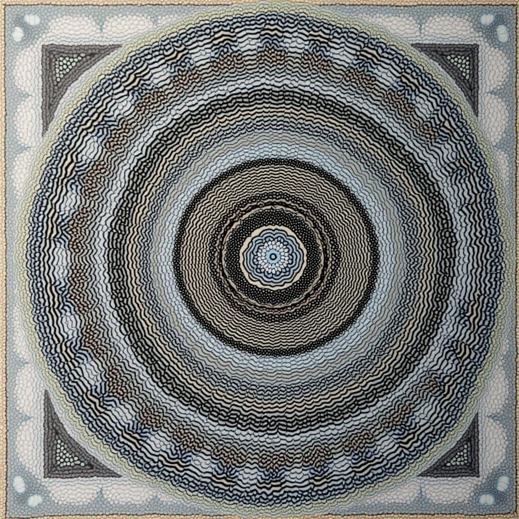 Intricate Geometric Mandala Composition in Blues and Whites