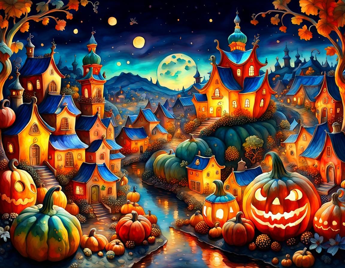 Vibrant Gourd Village in Baroque Watercolor Style