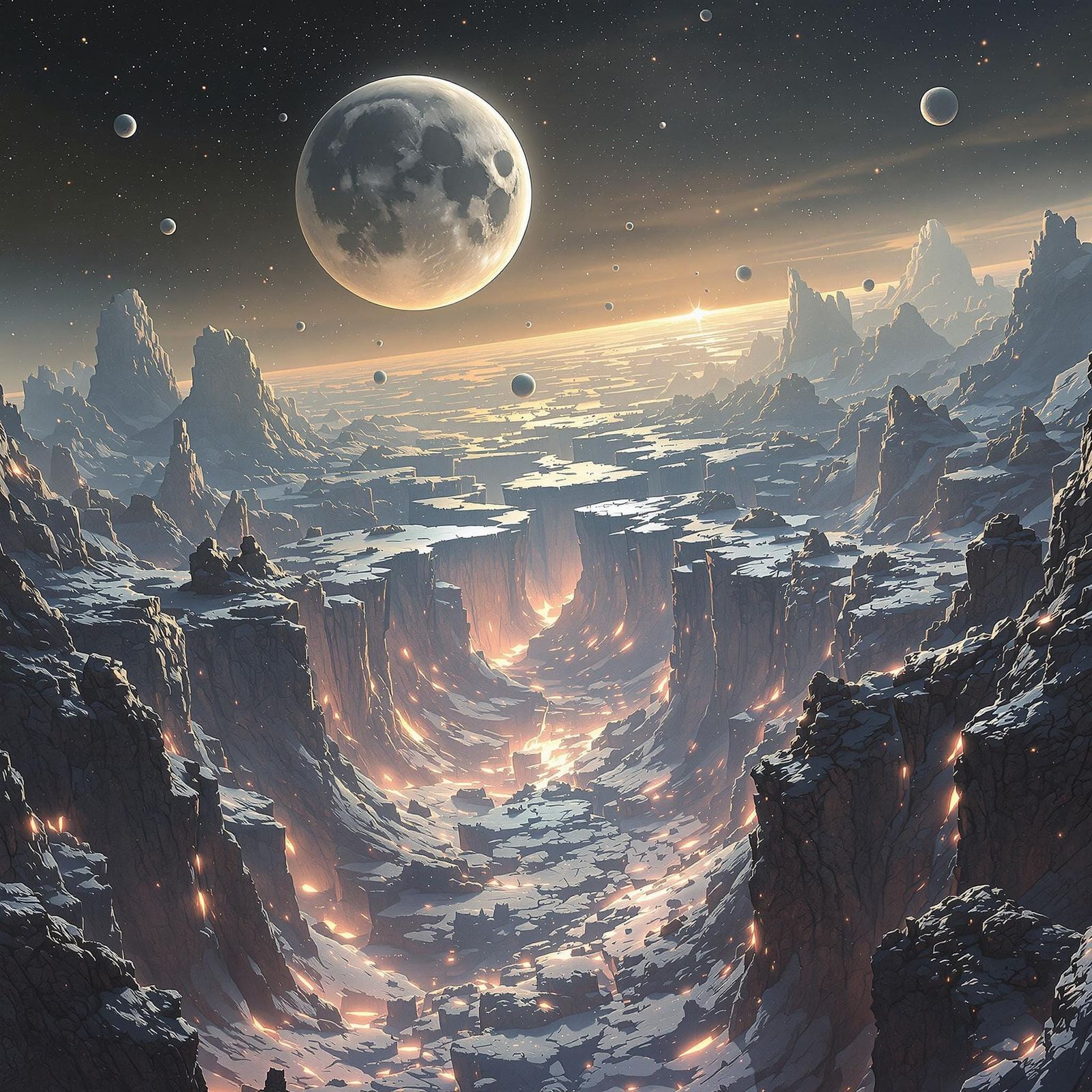 Luminous Moon Shards Drift Through the Void