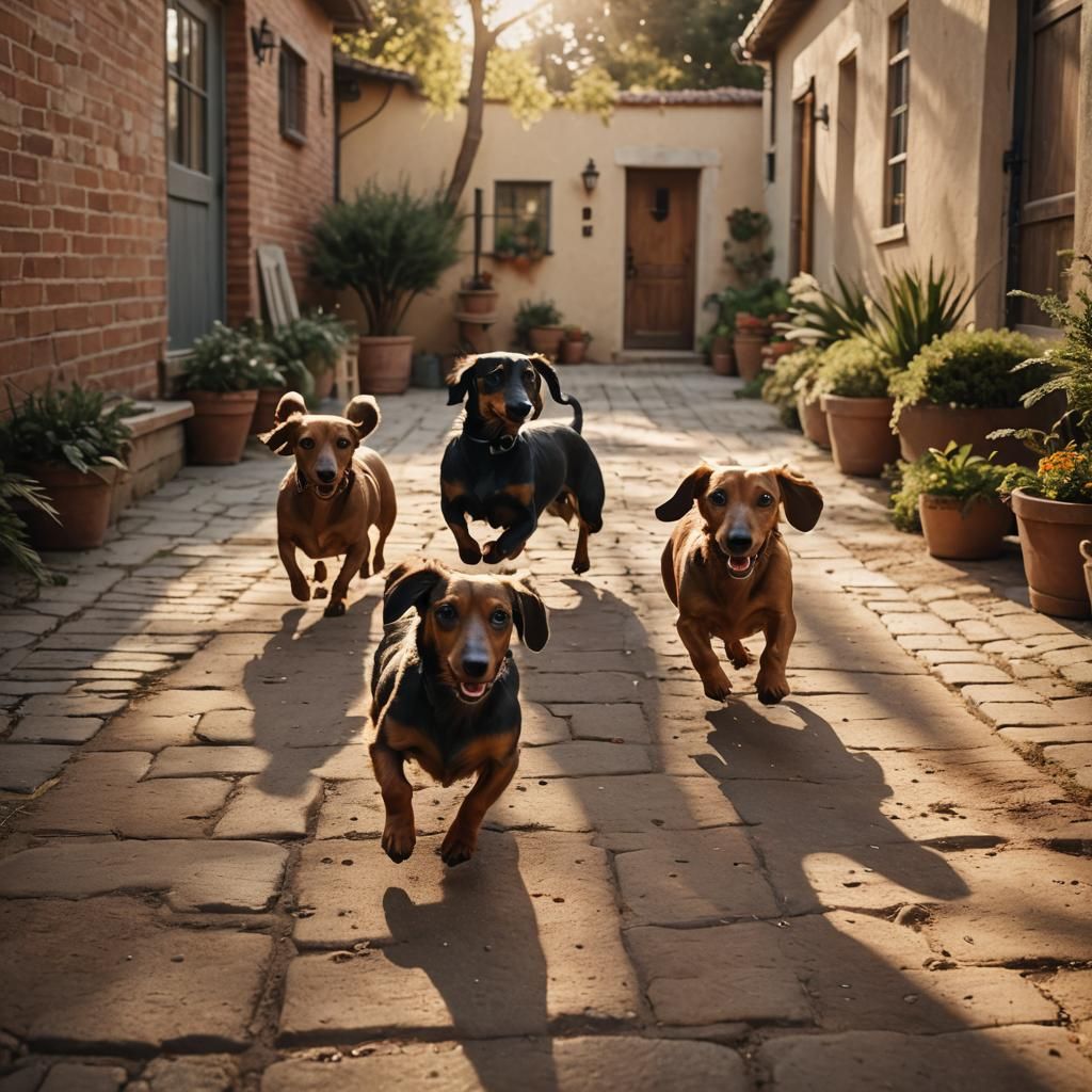Dachshunds Play in Sun-Drenched Courtyard: Cinematic Film St...
