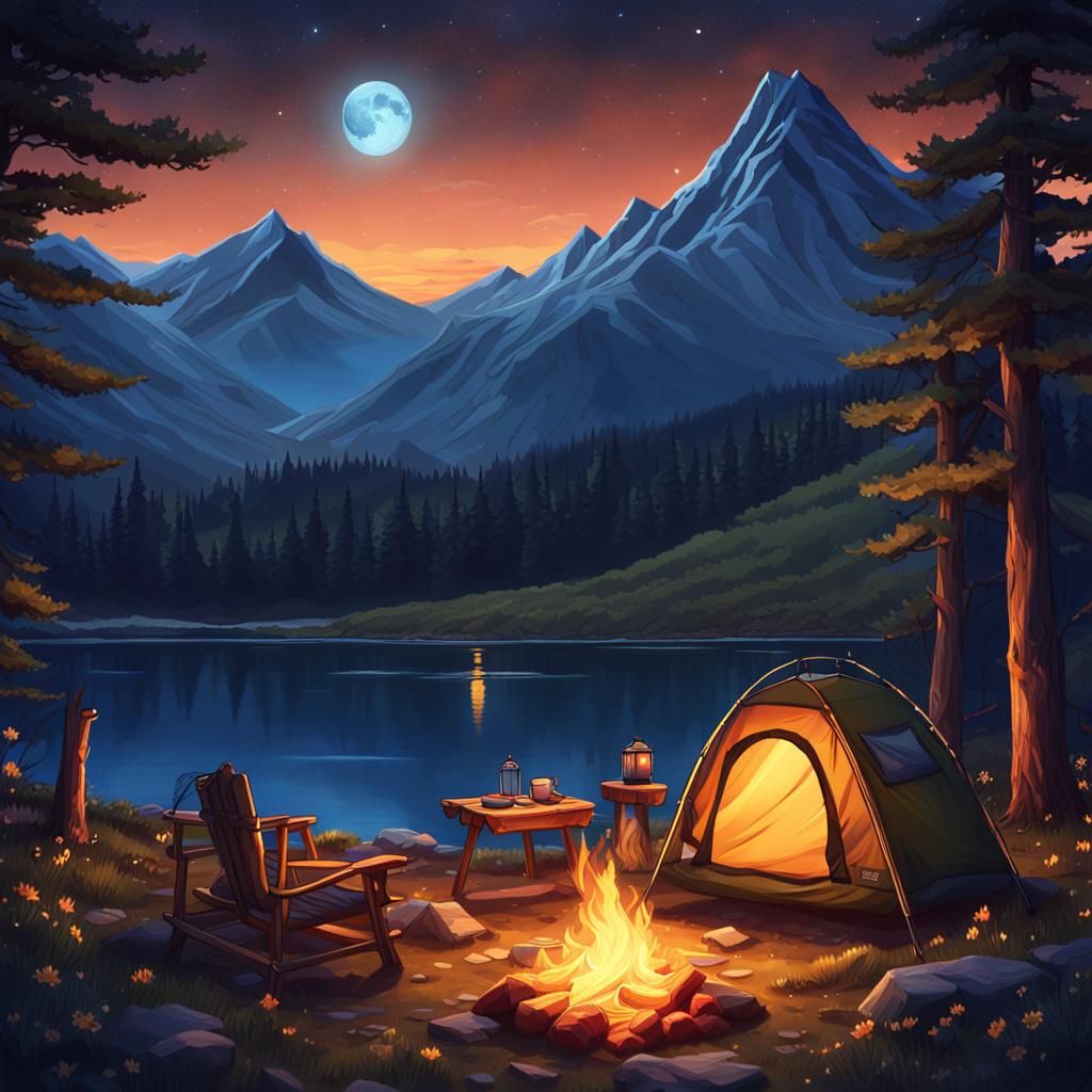 Cozy Campsite Under Starry Skies: Watercolor Painting