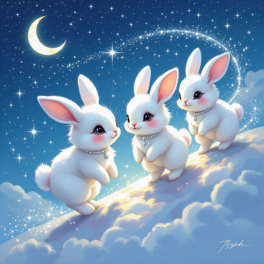 Dreamlike Bunnies Defying Gravity in Starry Sky