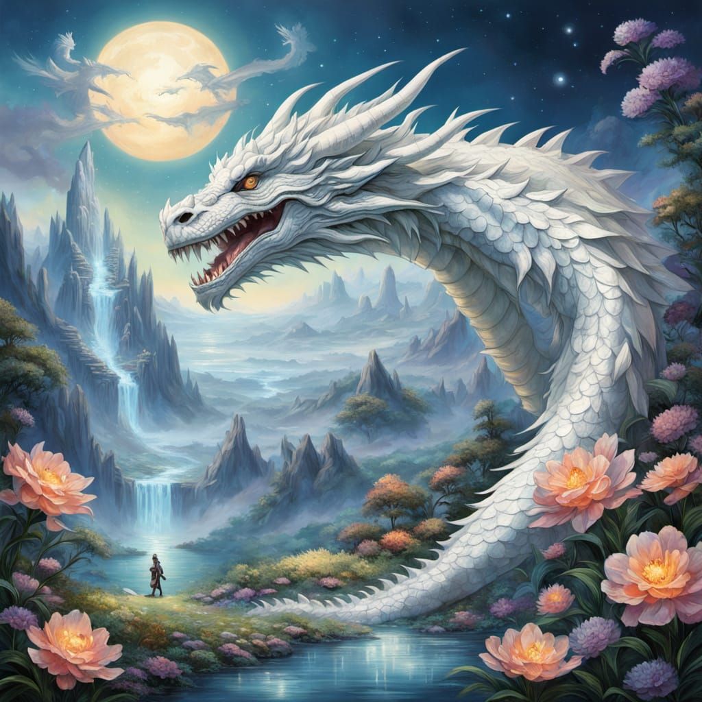 White Dragon Slumbering in Alien Landscape