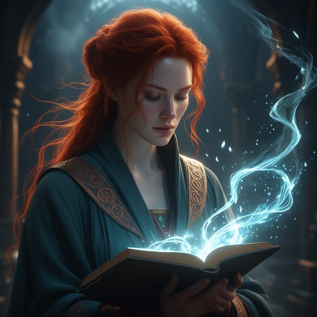 Fantasy Art: Woman Reading Magic Book