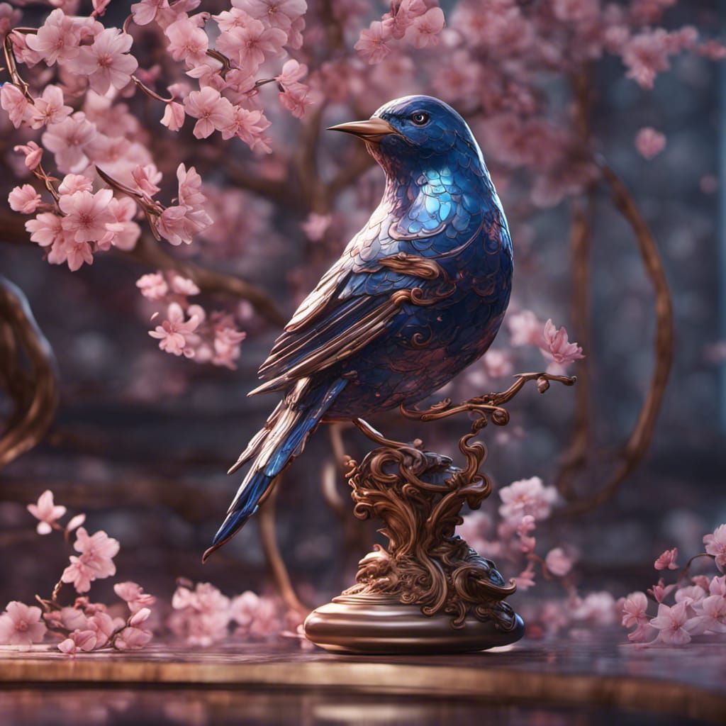 Blown-Glass Bird on Cherry Blossom Sculpture