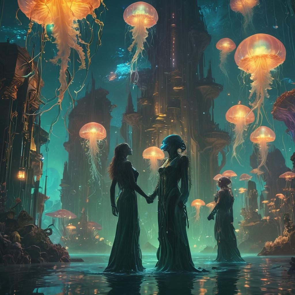 Surreal Undersea City with Bioluminescent Life
