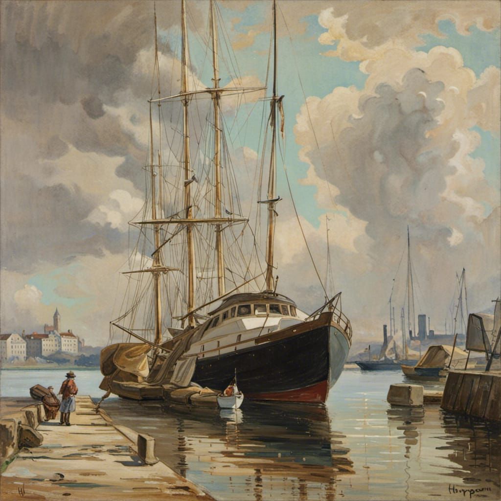 Motor Yacht in Harbor, Graphic Novel Illustration