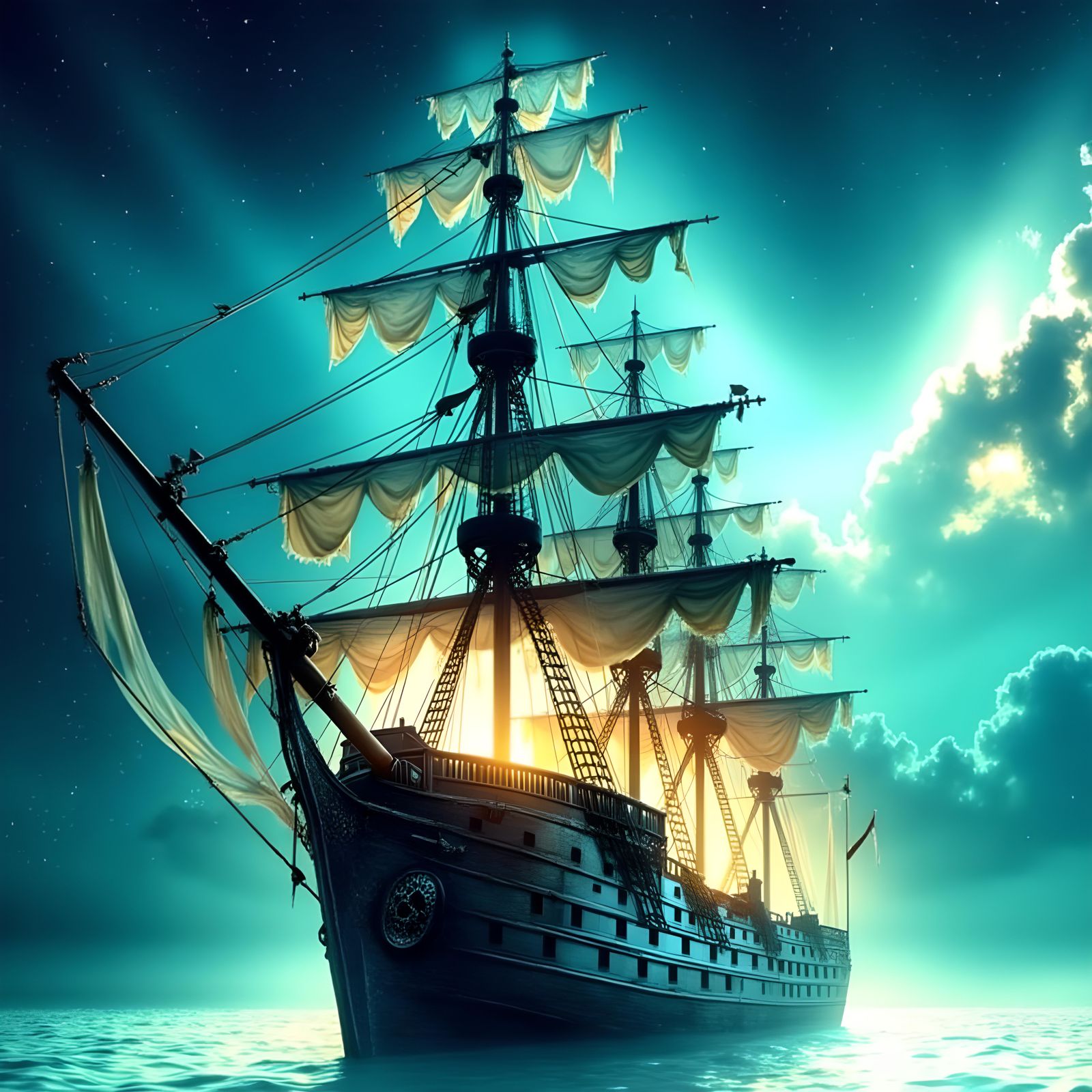 Ethereal Ghost Ship Sails a Mystical Ocean