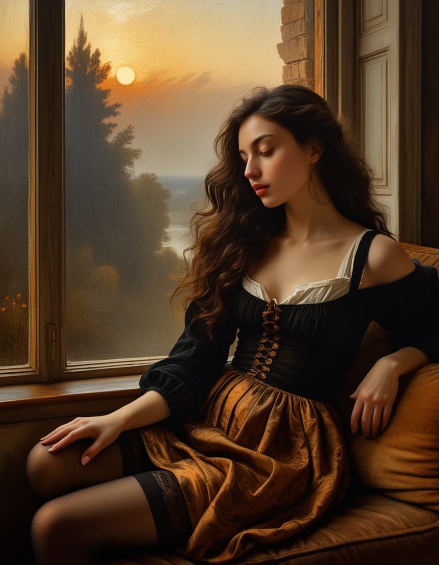 Woman Lounging on Sofa in Baroque Oil Painting