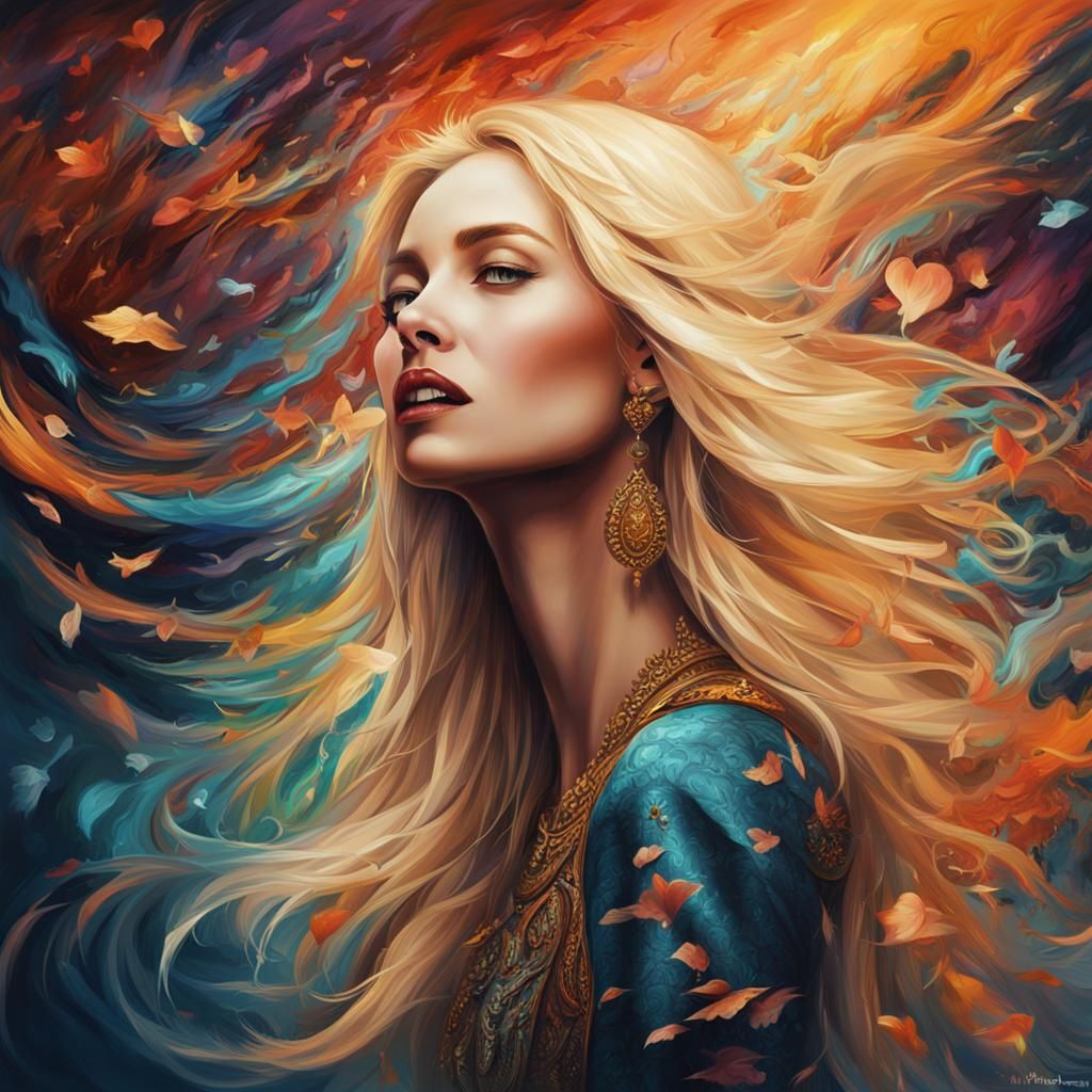 Happy Blonde Woman Singing: Abstract Digital Art