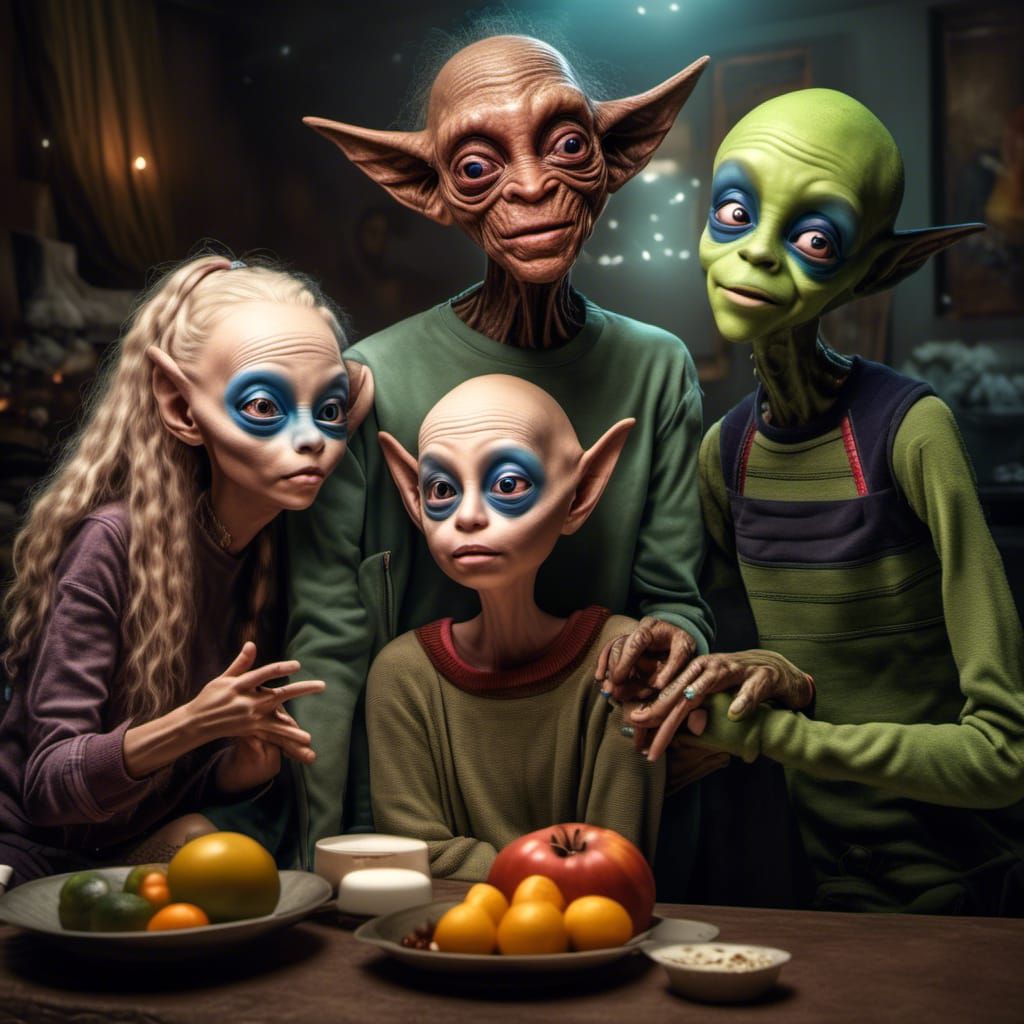 Smiling Aliens Party in Hyperrealism Style