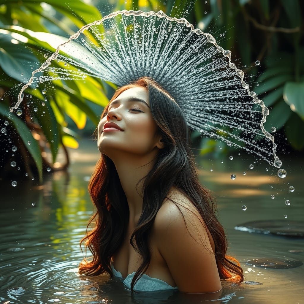 A woman with long flowing hair is standing in a shallow rive...