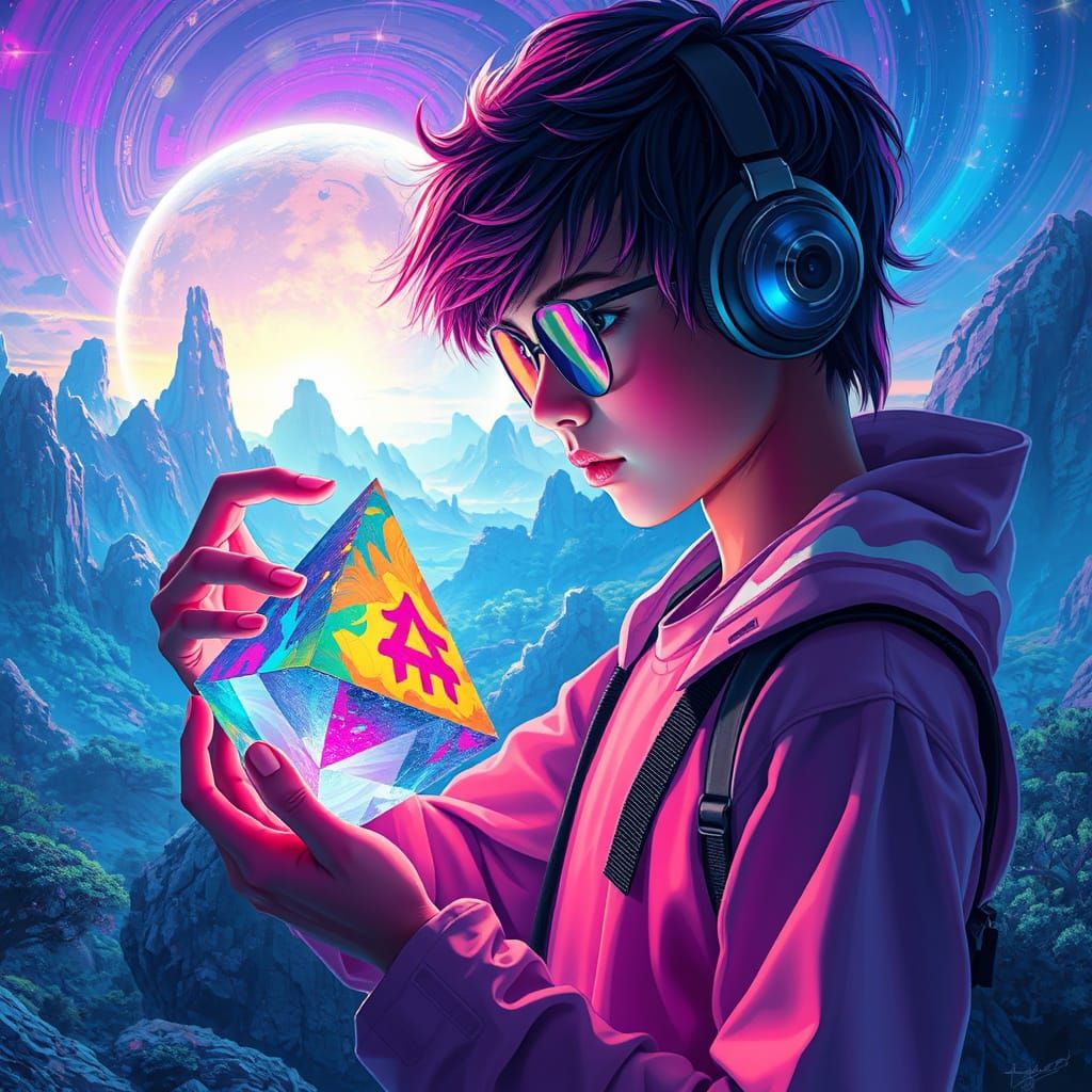 Teenager Studies Prism Artifact in Sci-Fi Landscape