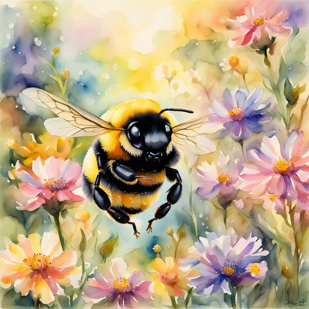 Bumble Bee in Flight: Impressionist Watercolor Garden