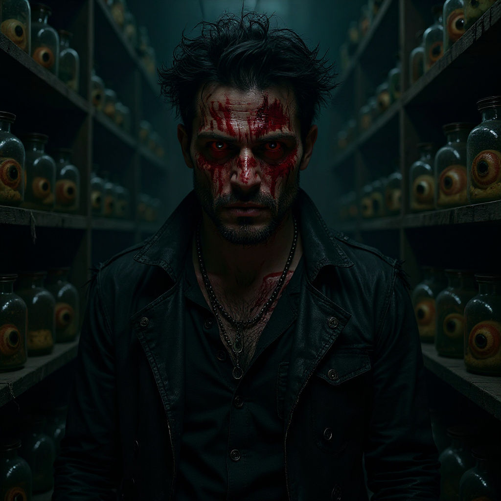 Demonic Man with Mismatched Eyes in Dark Room