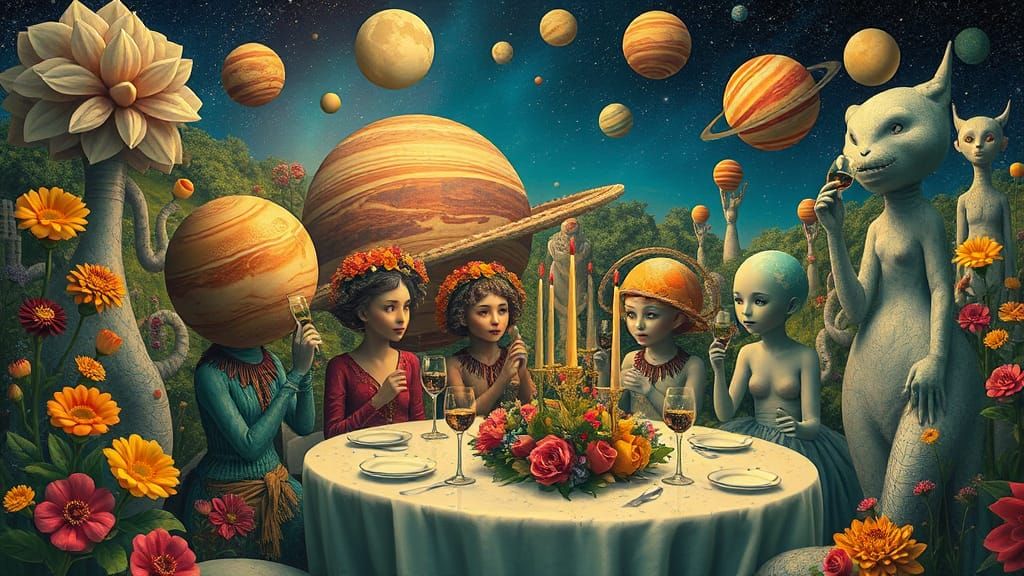 Surreal Garden Party with Planetary Costumes