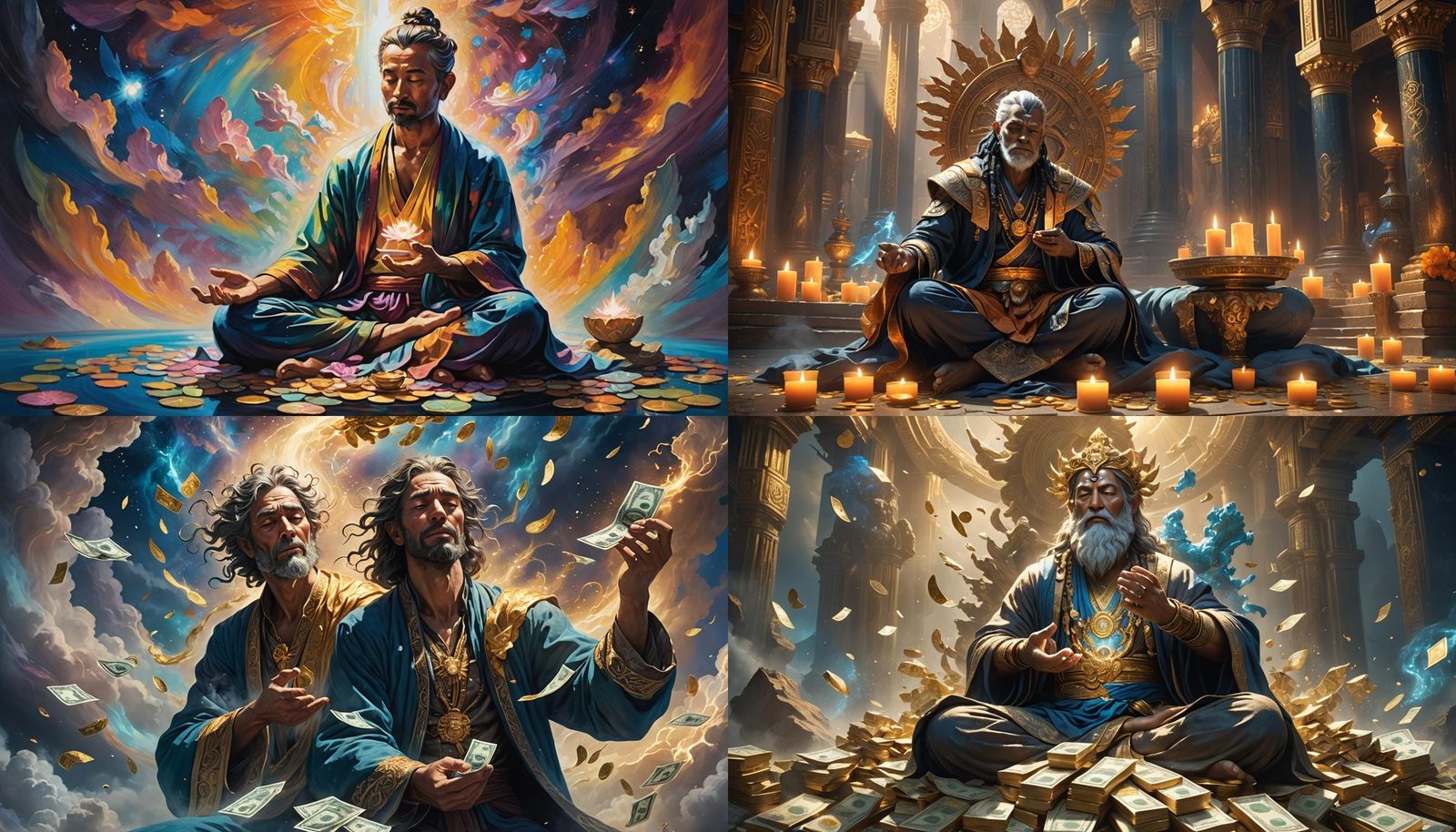Crying God of the Universe Meditates Holding Money