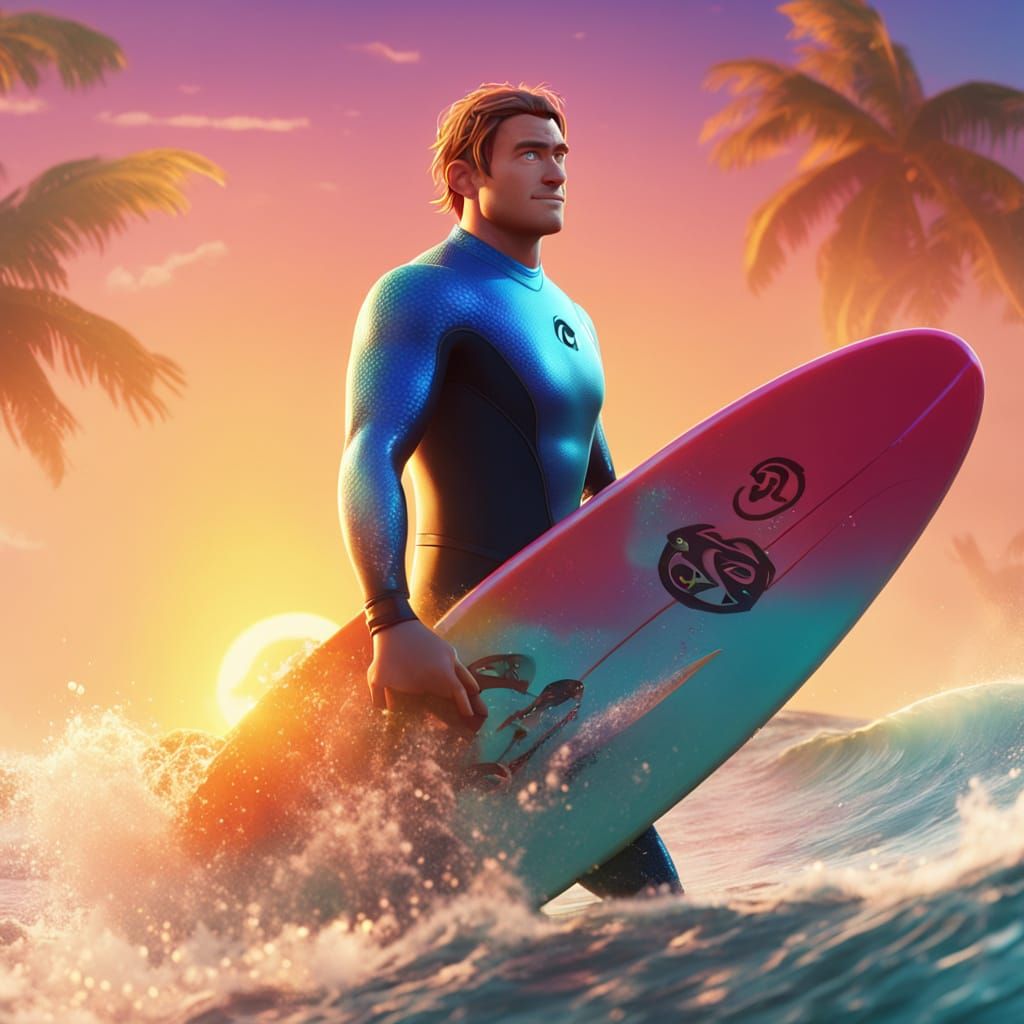 Surfer Concept Art in Pixar Style, 3D Render