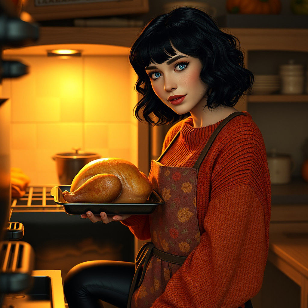 Thanksgiving Feast: Woman Checks Turkey in Kitchen