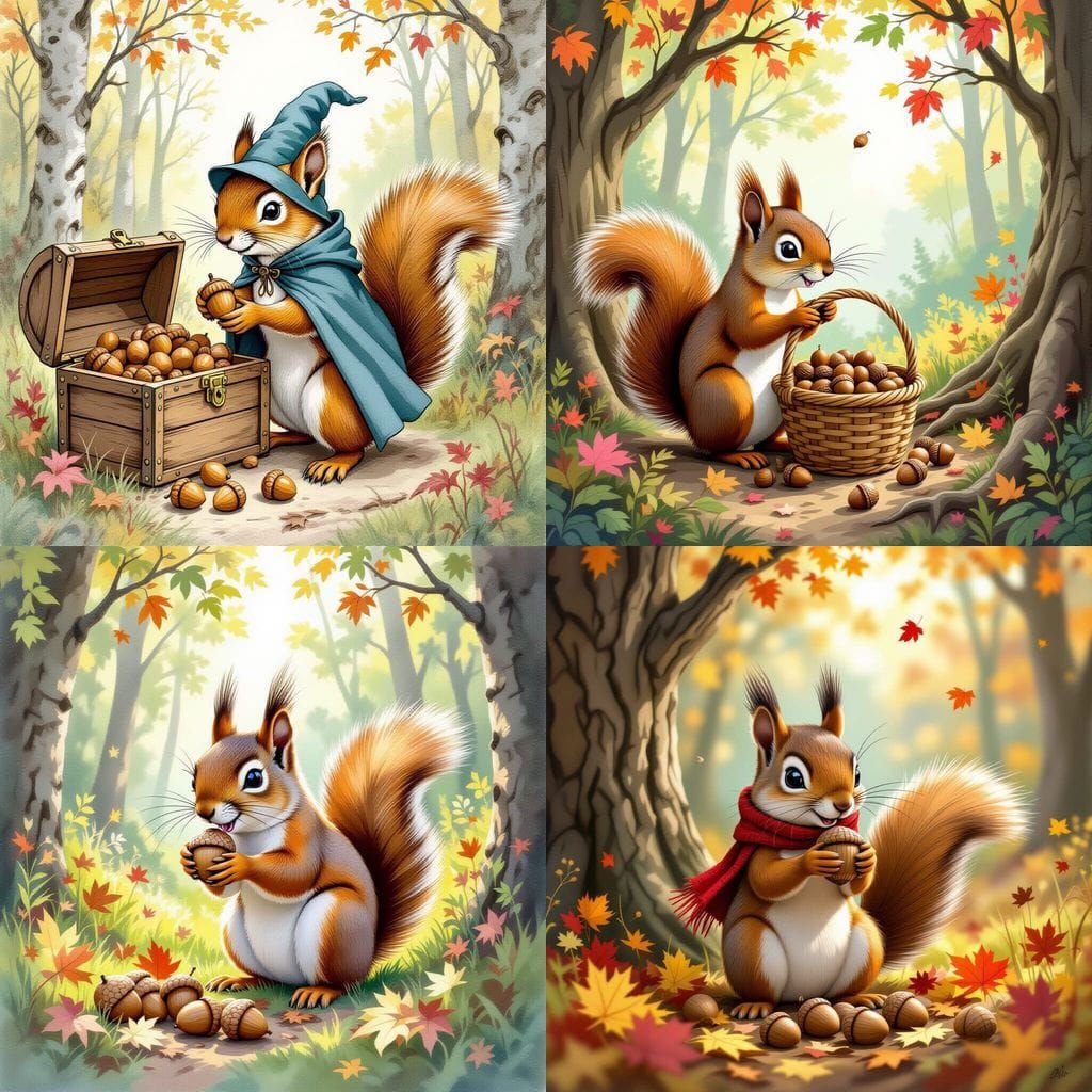 Mischievous Squirrel Stealing Acorns