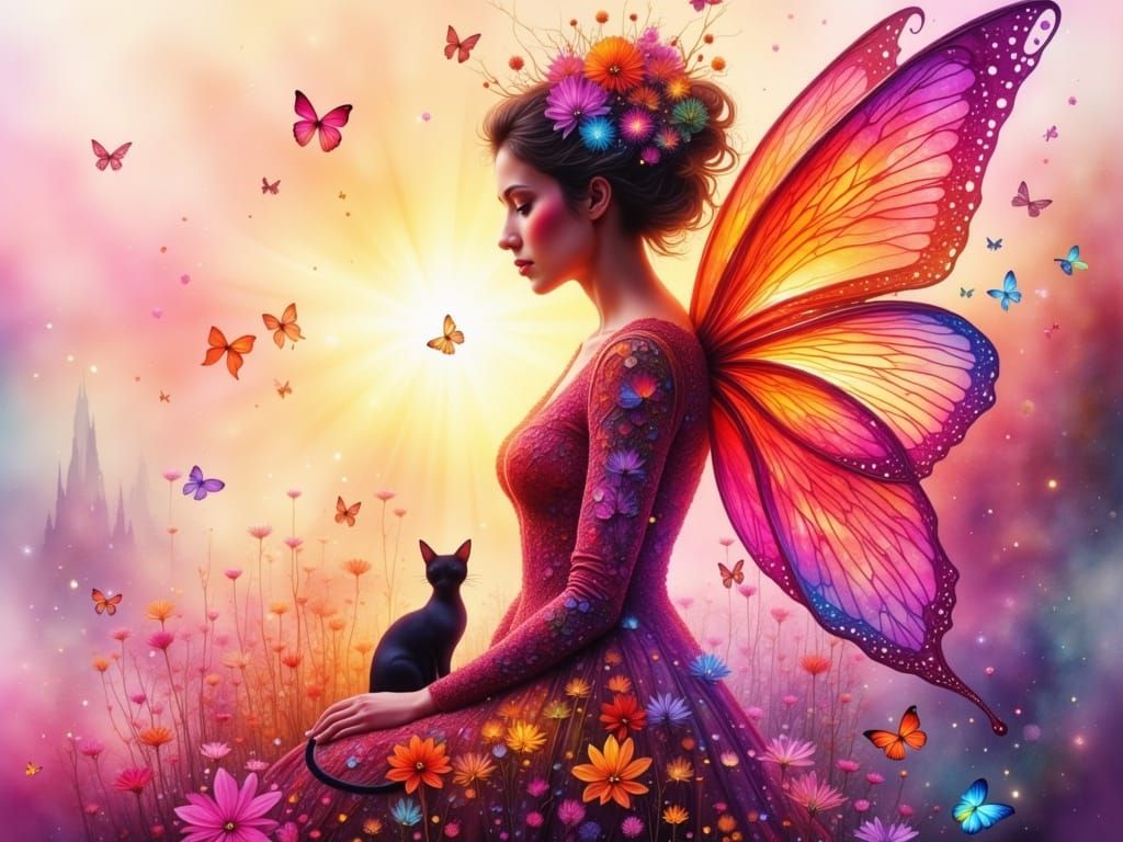 Fantasy Fairy Double Exposure with Cat, Abstract Aesthetic