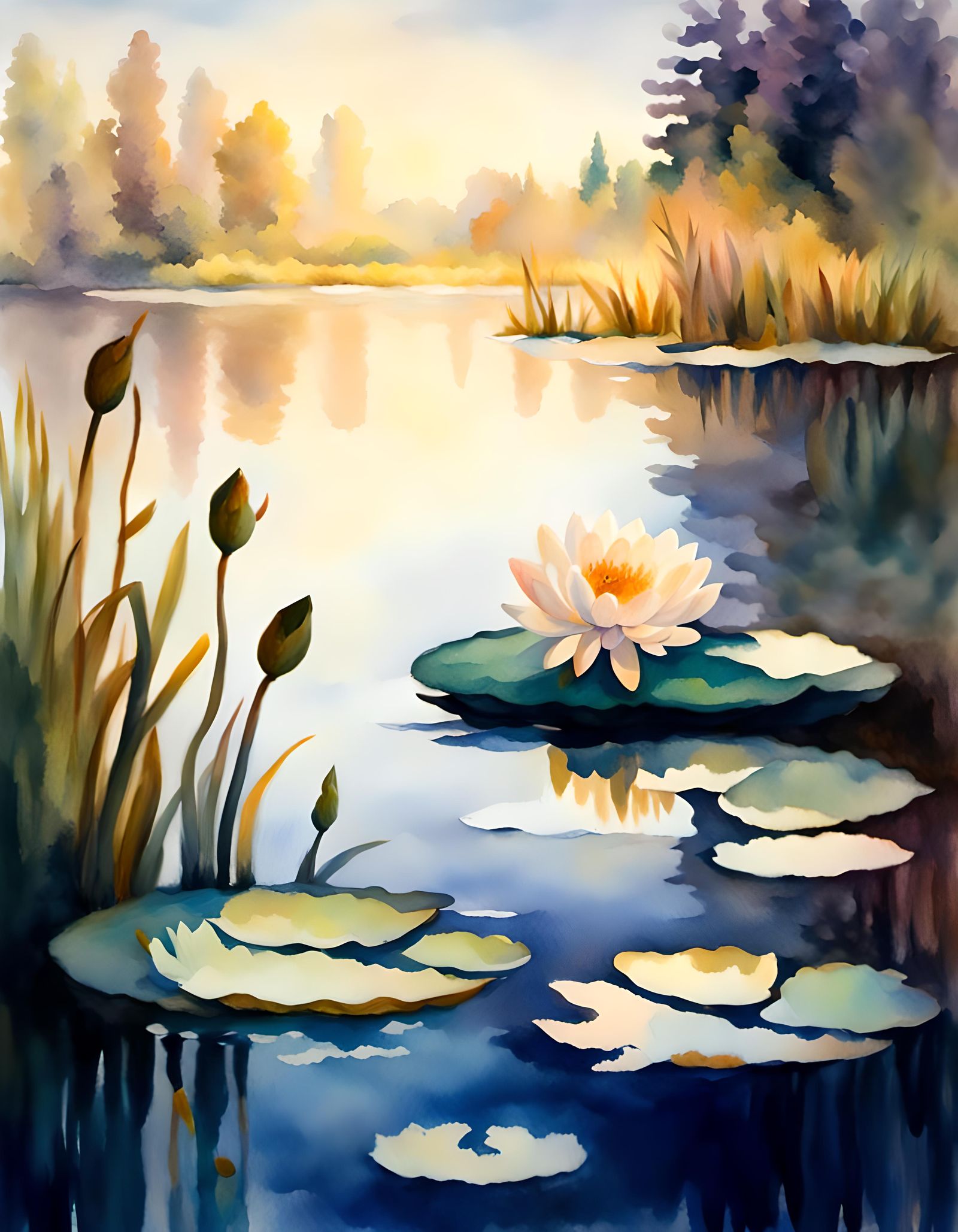 Art Nouveau Water Lilies in Watercolor Style