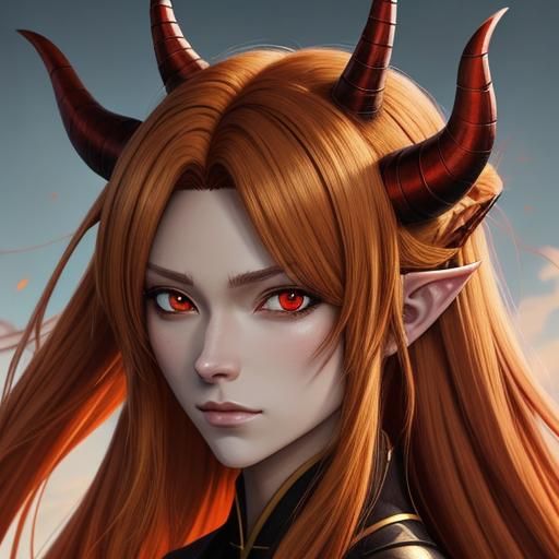 Anime Dragon Girl with Red Horns and Blonde Streak