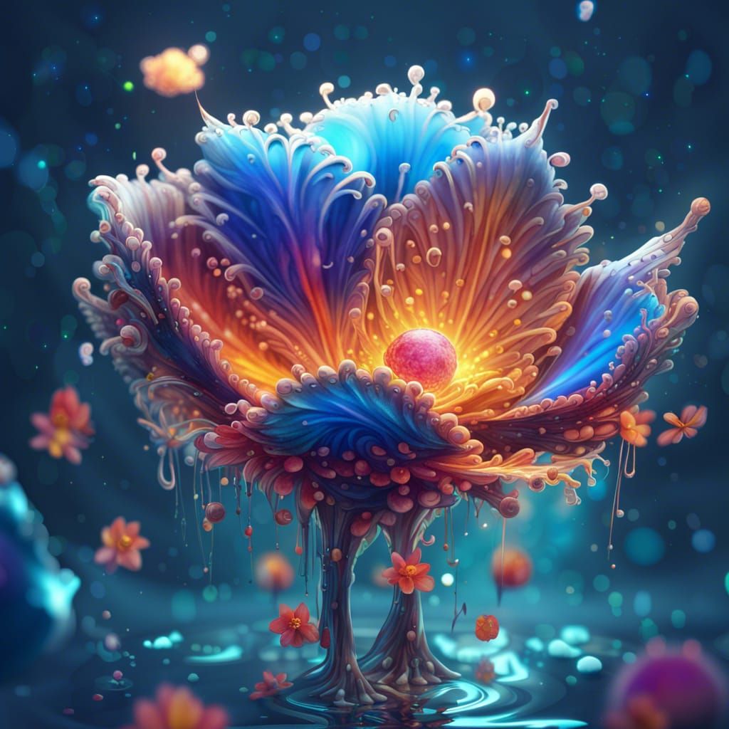 Radiant Liquid Creature with Flying Petals