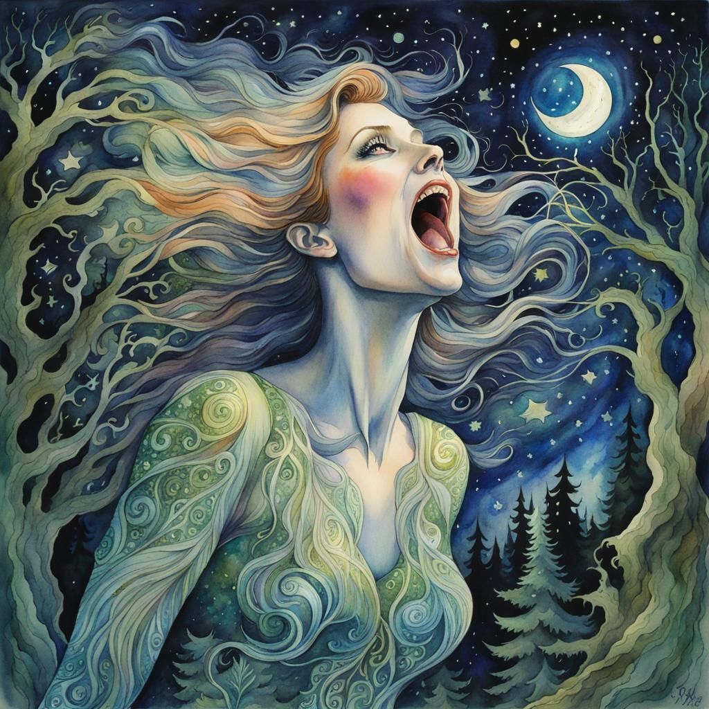 Iridescent Banshee Screaming in Haunted Forest Watercolor