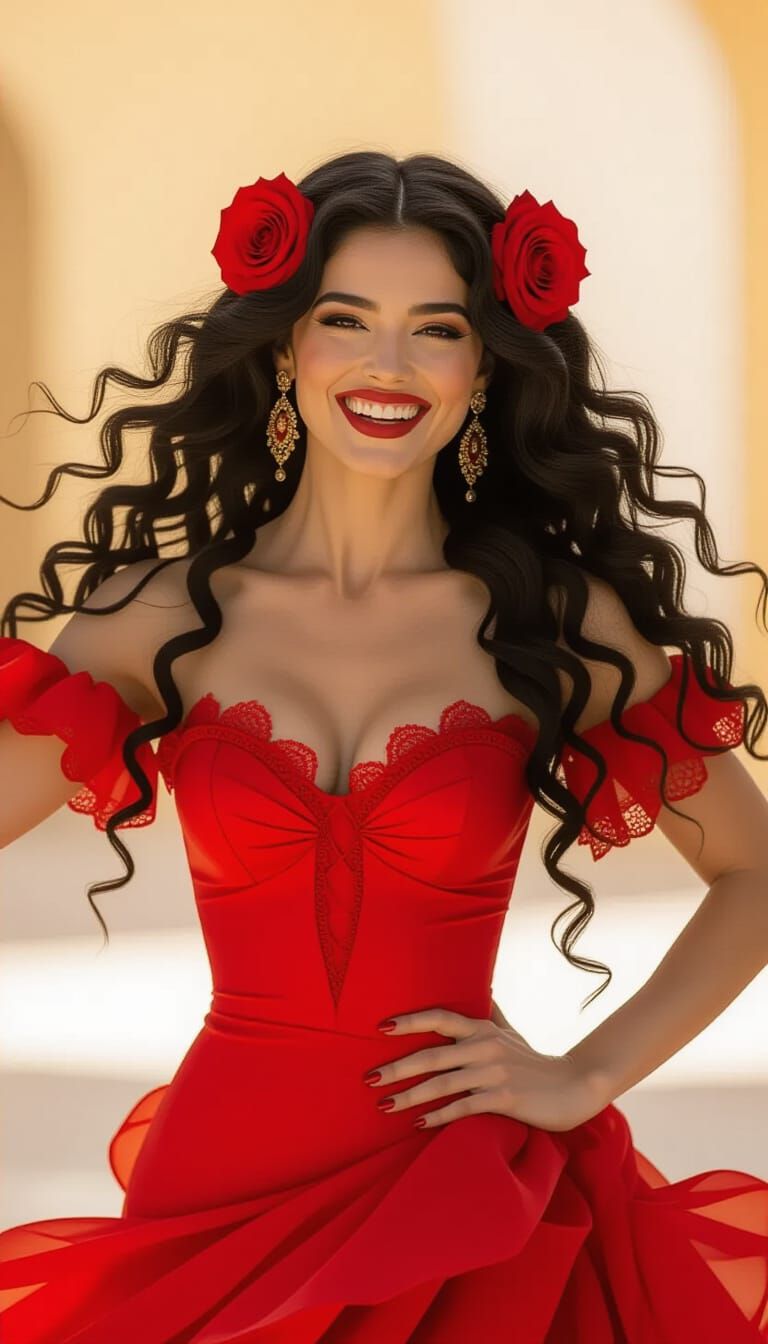 Flamenco Dancer in Red Dress with Roses