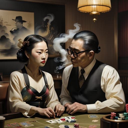 Elegant New Orleans Poker Scene in Chinese Painting Style