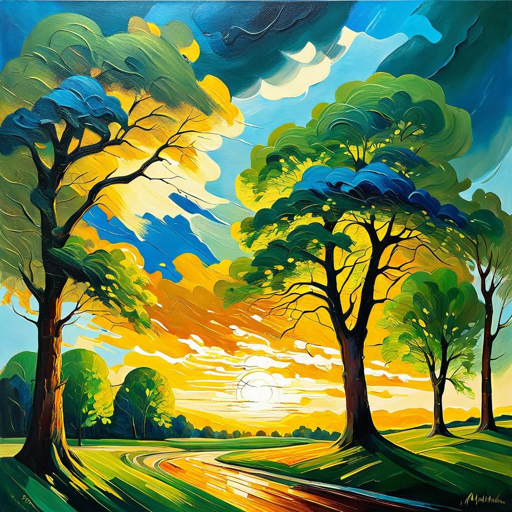 Vibrant Storm Scene with Golden Hour Sun