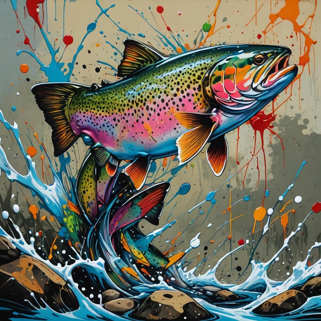Trout in River: Graffiti Splash Art