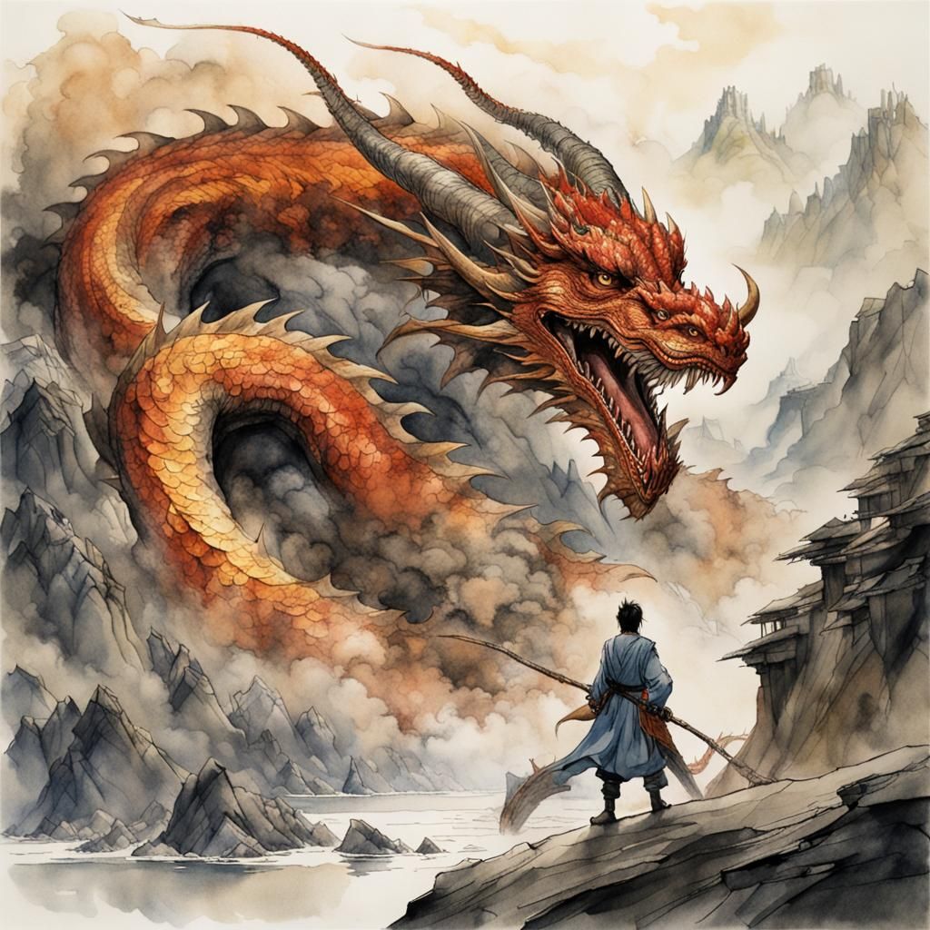 Asian Dragon Ink and Watercolor Illustration