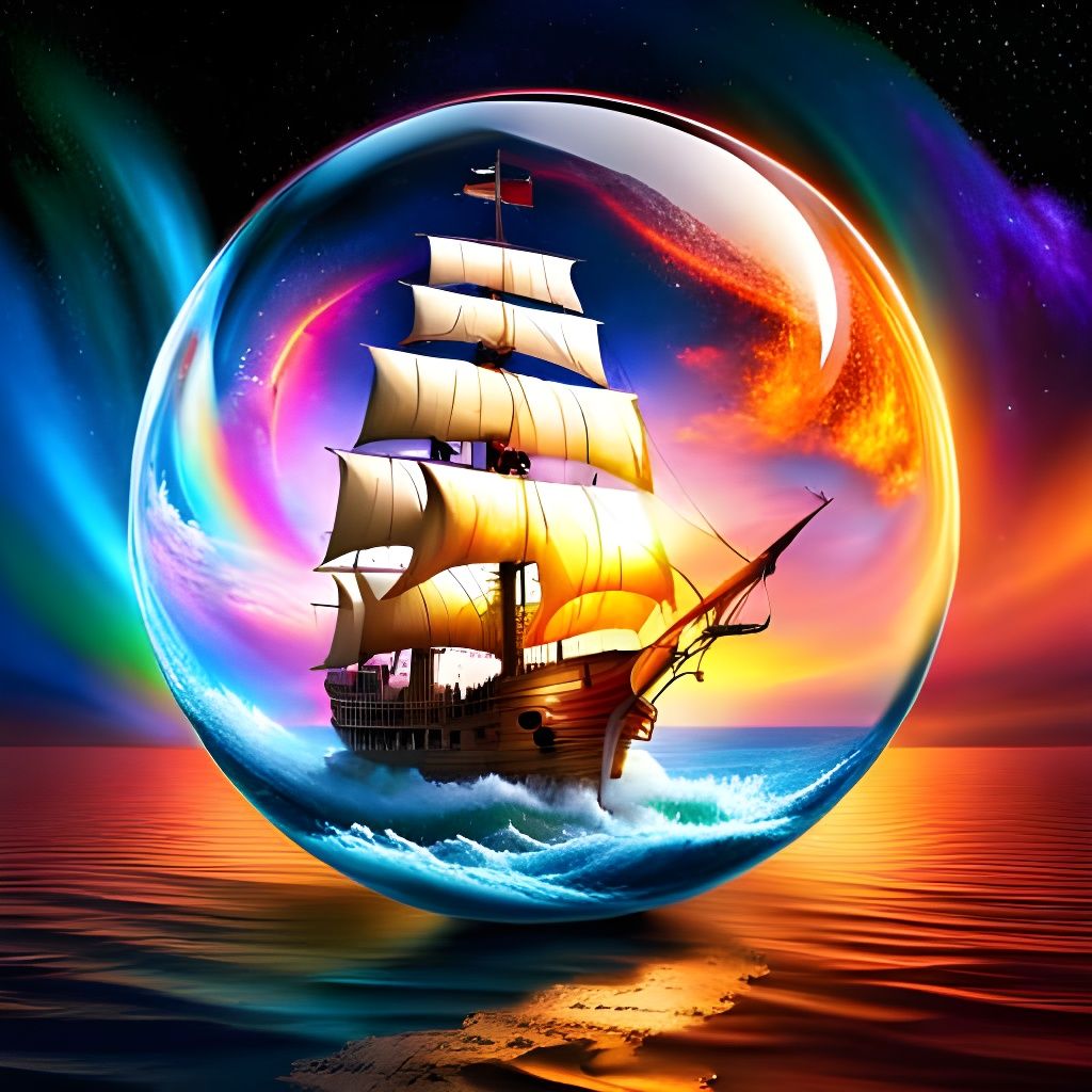 Pirate Ship Sailing Rainbow Ocean in Nebula Bubble